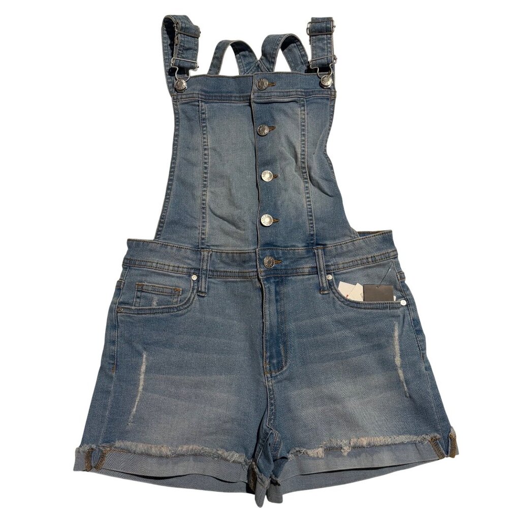NWT Celebrity Pink Womens Denim Overall Shorts Button Front & Frayed Hem Size S